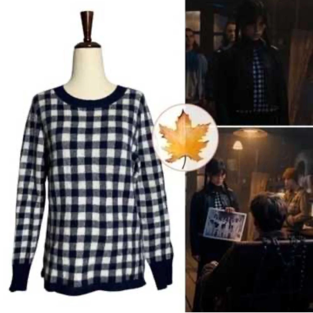 J.Crew • Gingham Checkered Cashmere Sweater NAVY SZ MEDIUM ASO Wednesday Addams